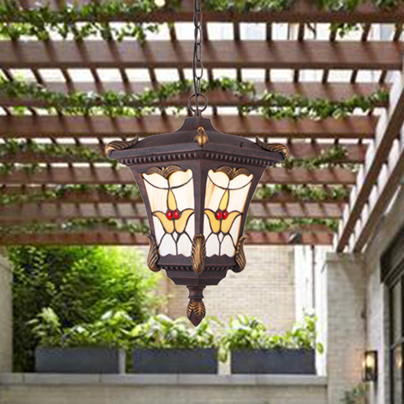 Lampada a ciondolo ruggine/bronzo in metallo Lantern a 1 testa Apparecchiatura tradizionale a soffitto con motivo a fiori per balcone