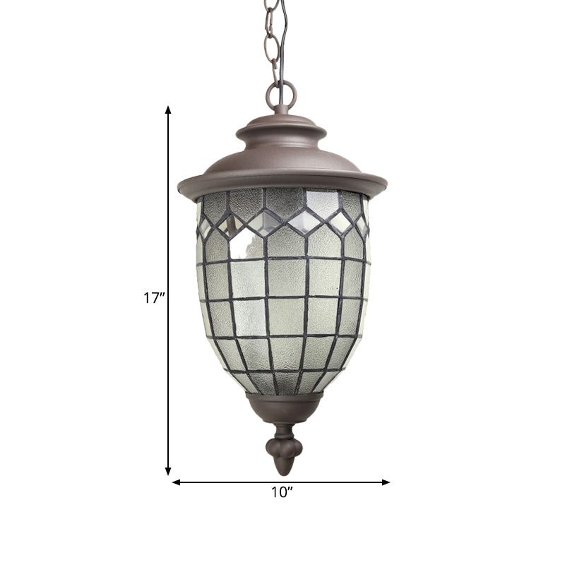 Coffee Dome Shade Ceiling Pendant Rustic Style Frosted Glass 1-Light Outdoor Hanging Light Kit with Grid Design