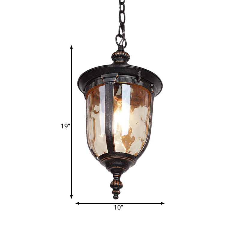 Urn Shape Amber Dimpled Glass Ceiling Light Country 1-Head Hallway Pendant Lighting Fixture in Black