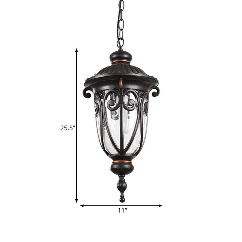 1 Bulb Urn Shade Pendant Lamp Traditional Black Finish Clear Seeded Glass Hanging Ceiling Light