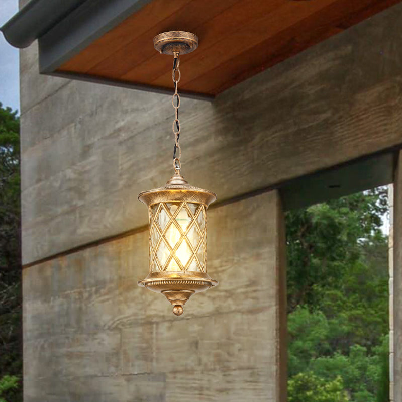 Clear Water Glass Bronze Hanging Light Kit Cylinder 1-Light Rustic Suspension Pendant with Lattice Cage