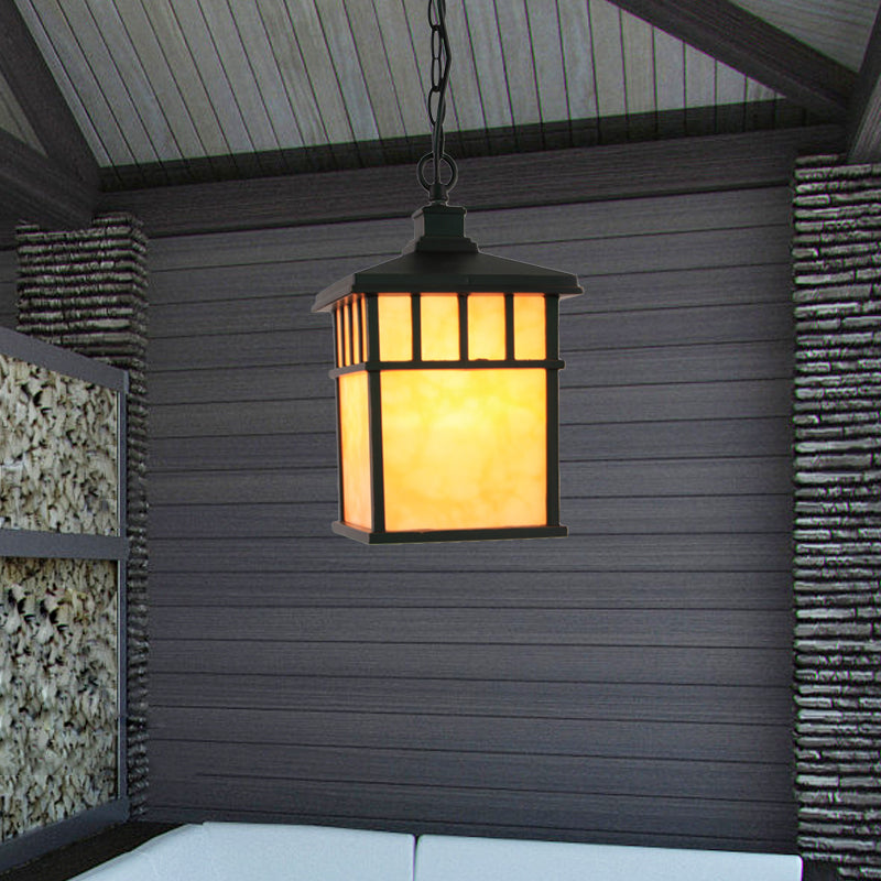 Corridor Lantern Pendante Traditional Grosted Glass 1-Light Black Suspension Light