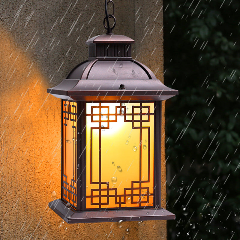1-Head Pendant Light Fixture Lodge Lantern Yellow Glass Down Lighting in Coffee for Outdoor