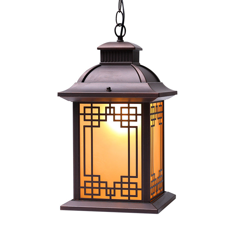 1-Head Pendant Light Fixture Lodge Lantern Yellow Glass Down Lighting in Coffee for Outdoor