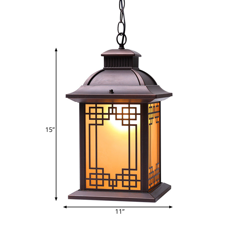 1-Head Pendant Light Fixture Lodge Lantern Yellow Glass Down Lighting in Coffee for Outdoor