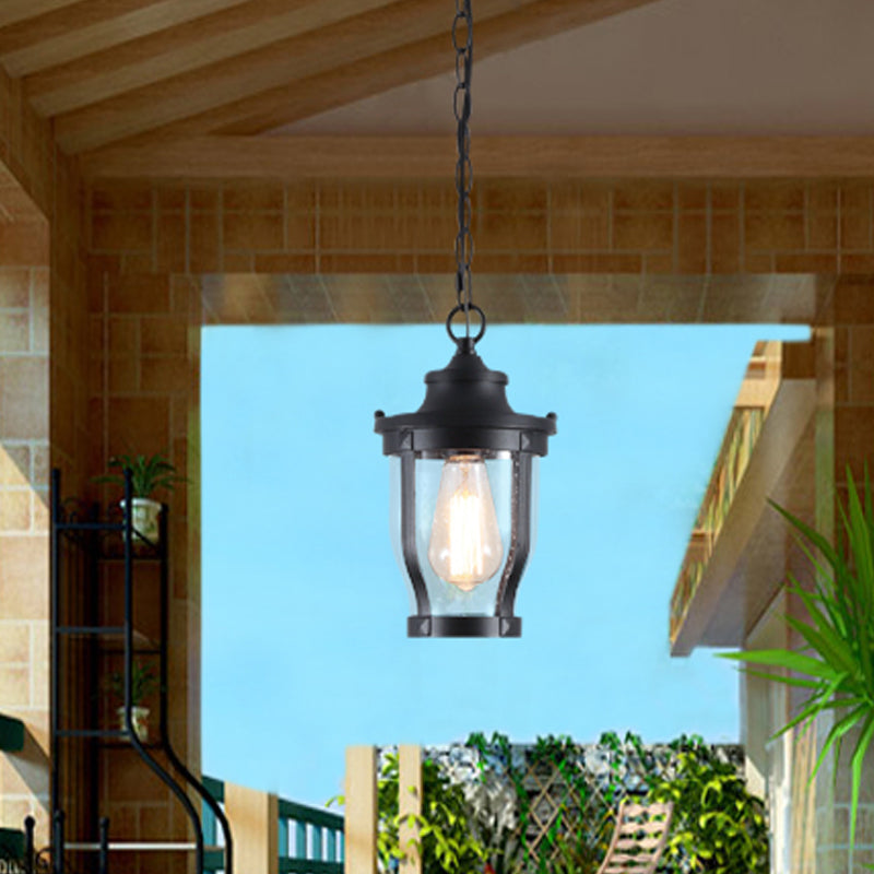 1 Glühbirnenlaternenform Pendellicht Leichtkit rustikalste strukturierte schwarze Finish Clear Glass Deckenlampe für Balkon