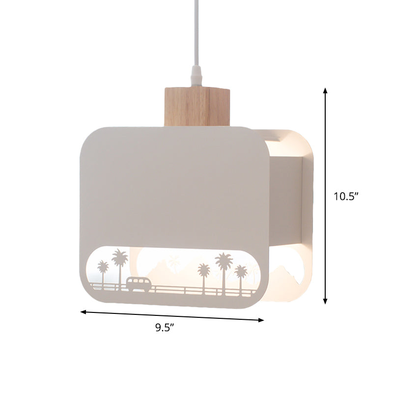 1 Bulb Kid Bedroom Hanging Light Kit Nordic White and Wood Pendant Lamp with Etched Square Iron Shade