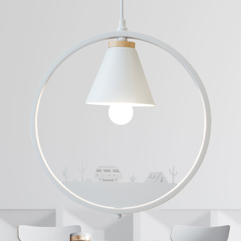 Lámpara colgante de sombra de cono de hierro 1 bombilla 1 lámpara colgante en blanco/blanco con decoración de corte de papel