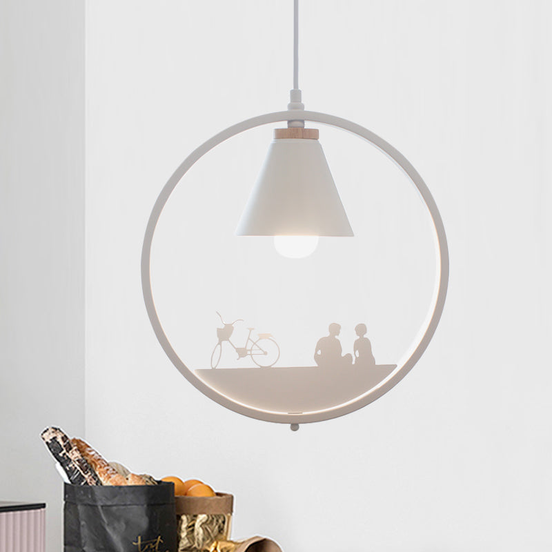 Lámpara colgante de sombra de cono de hierro 1 bombilla 1 lámpara colgante en blanco/blanco con decoración de corte de papel