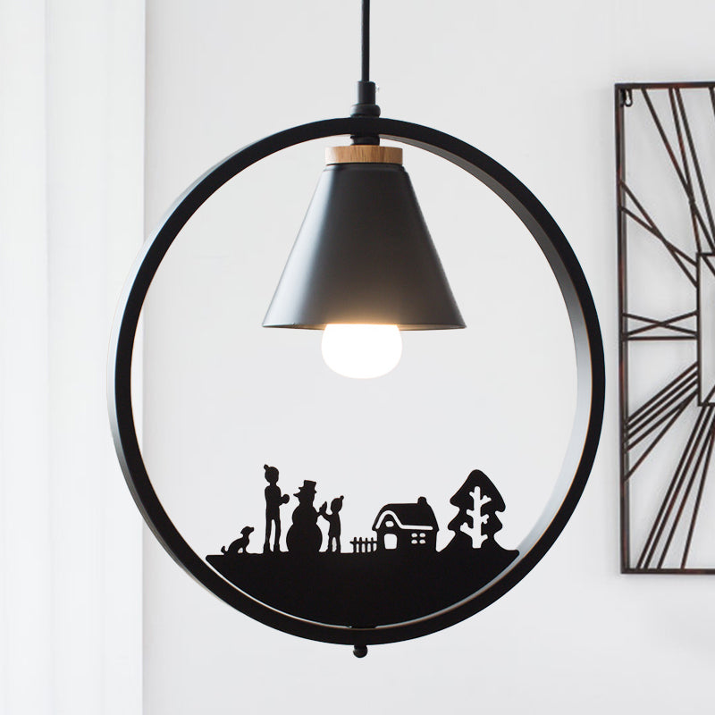 Iron Cone Shade Pendant Lamp Nordic 1 Bulb Black/White Hanging Light Fixture with Paper Cutting Decoration