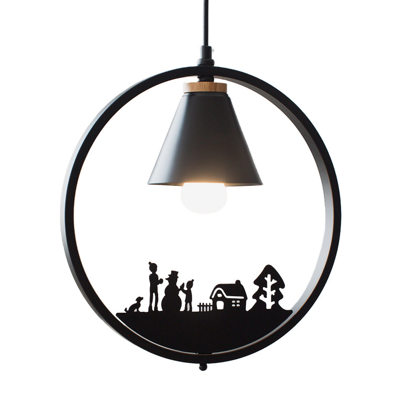 Iron Cone Shade Pendant Lamp Nordic 1 Bulb Black/White Hanging Light Fixture with Paper Cutting Decoration