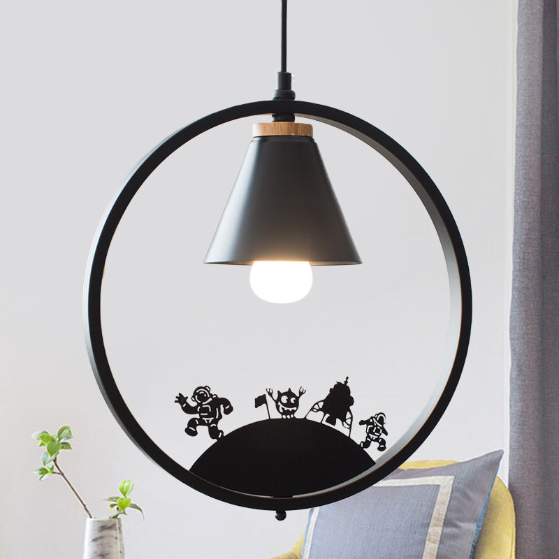 Iron Cone Shade Pendant Lamp Nordic 1 Bulb Black/White Hanging Light Fixture with Paper Cutting Decoration