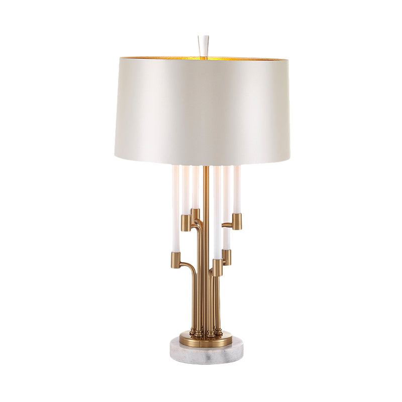 Traditional Drum Table Light 1 Light Fabric Nightstand Lighting in Inner Gold with Flute Crystal Deco