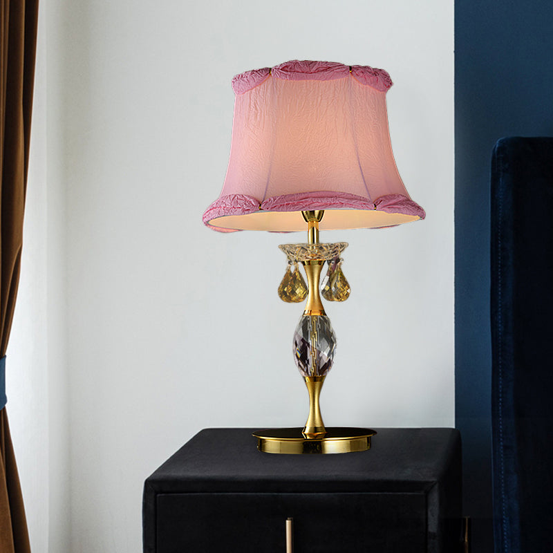 Bell Fabric Night Table Lamp Simple 1 Light Bedroom Nightstand Light in Pink with Crystal Urn Base