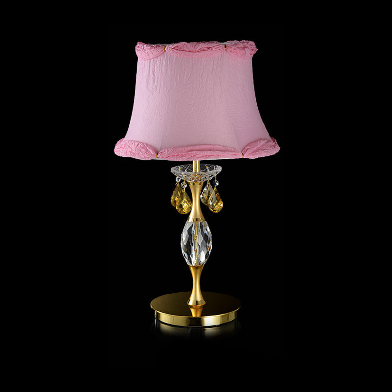 Bell Fabric Night Table Lamp Simple 1 Light Bedroom Nightstand Light in Pink with Crystal Urn Base