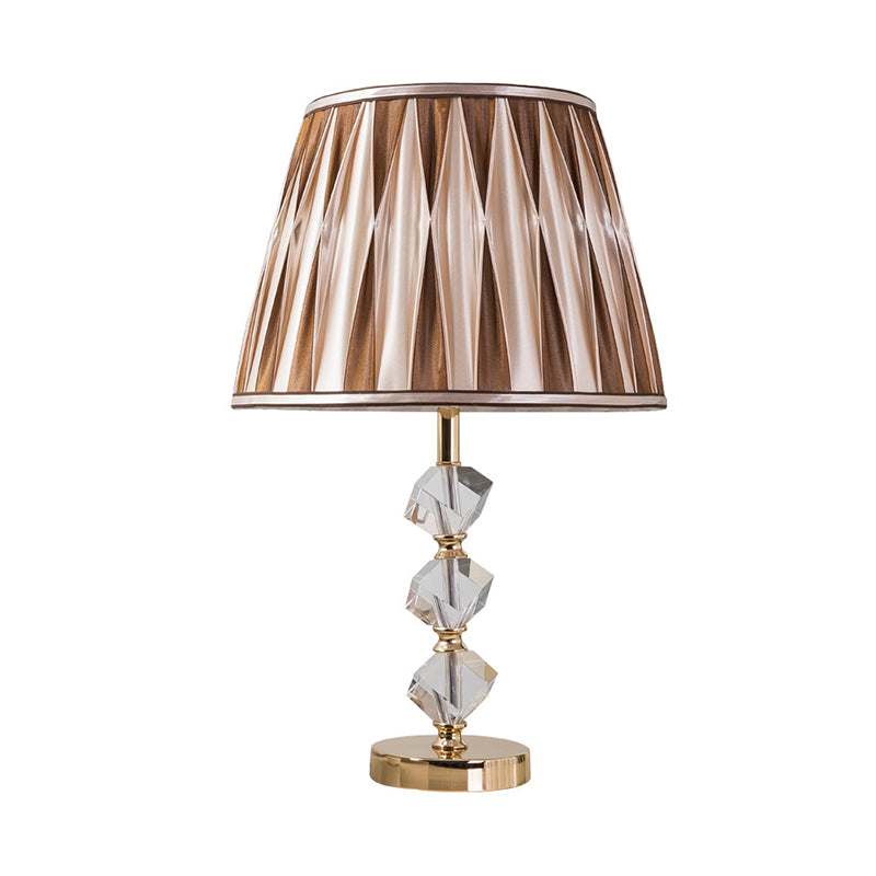 1 Light Pleated Shade Nightstand Light Minimal Brown Fabric Night Lamp with Crystal Block Design