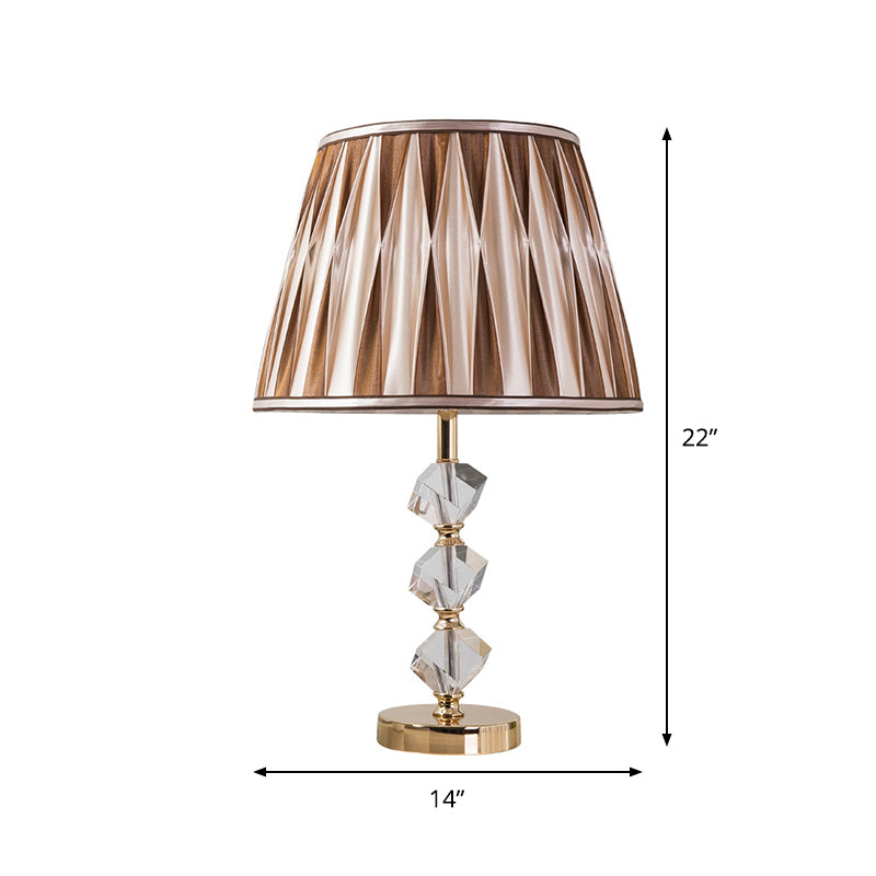 1 Light Pleated Shade Nightstand Light Minimal Brown Fabric Night Lamp with Crystal Block Design