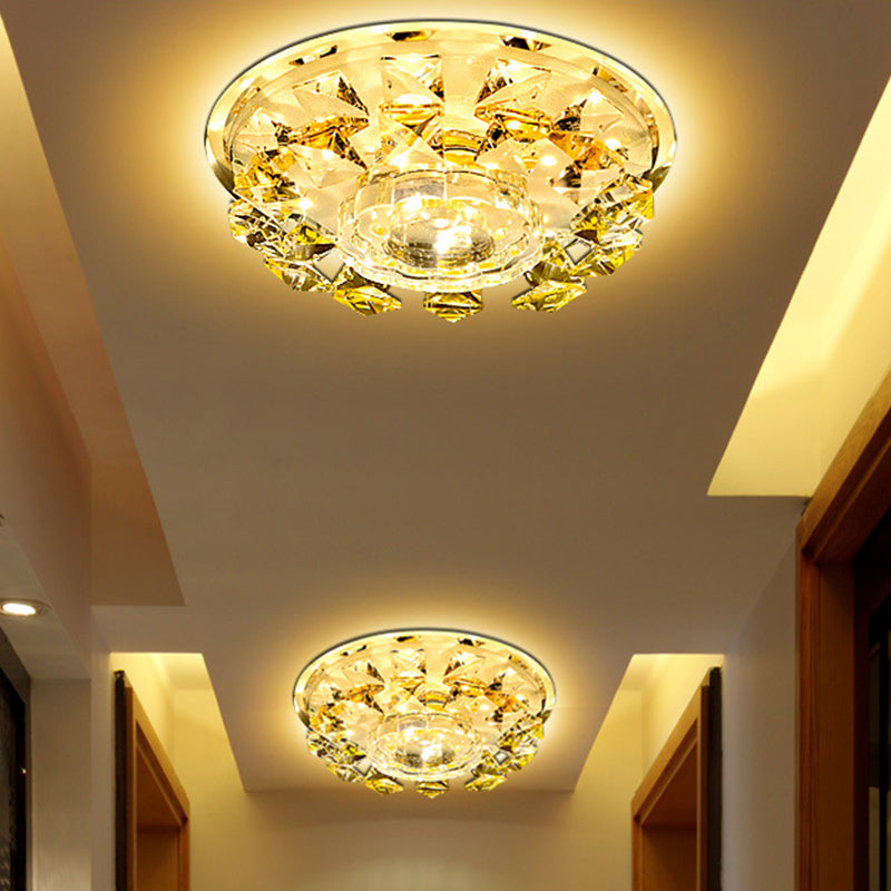 Flower Corridor Mini Flush Light Fixture Modern Crystal Yellow LED Close to Ceiling Lamp in Warm/White Light