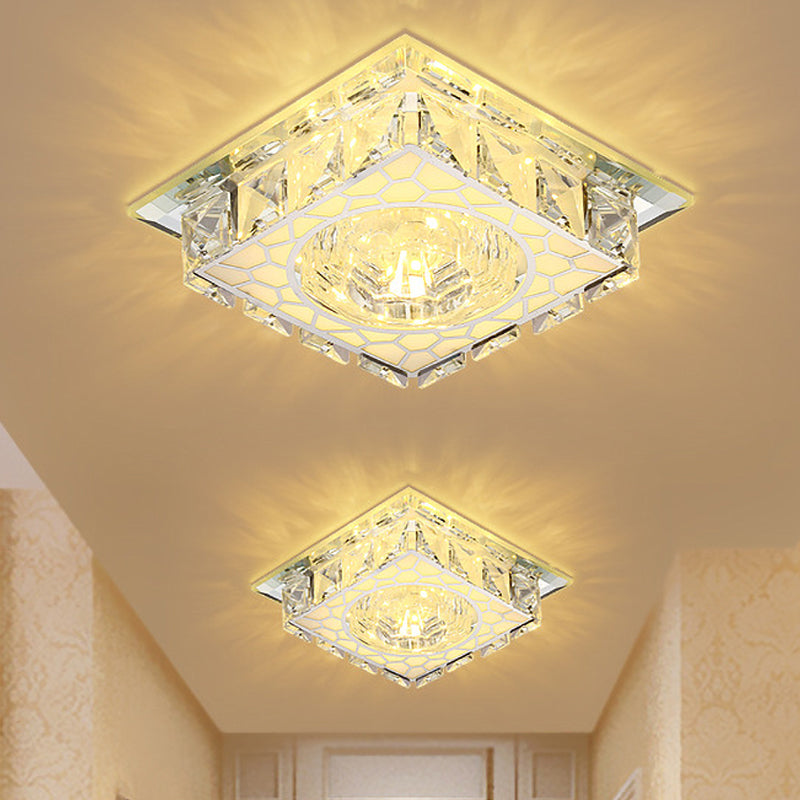 LED Ceiling Flush Light Modern Mini Round/Square Clear Crystal Flushmount Lighting for Hallway