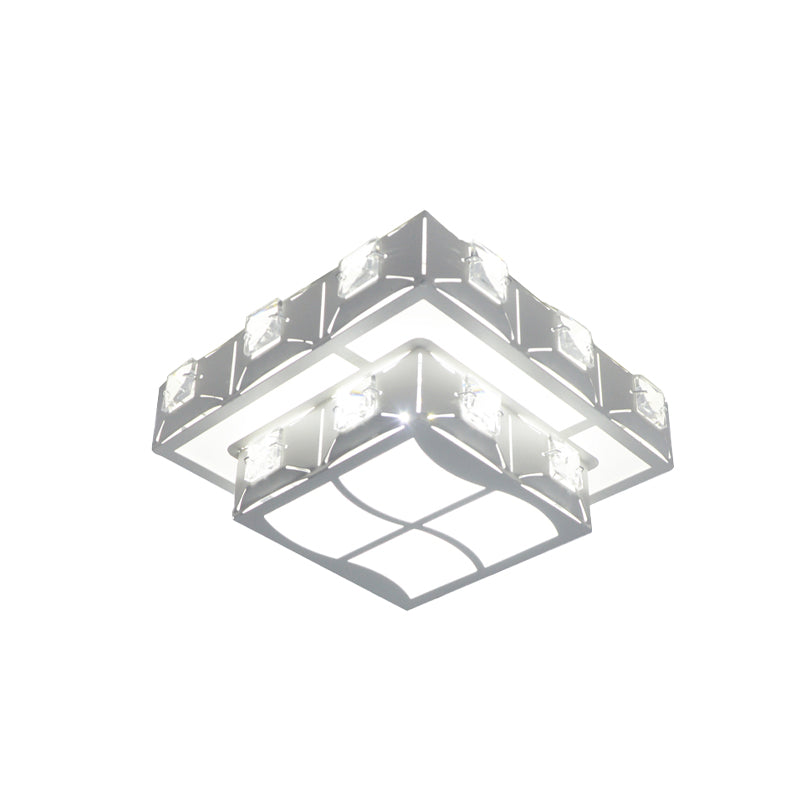 White 2-Tier Square Ceiling Lighting Modern Crystal Embedded Corridor LED Flush-Mount Light Fixture