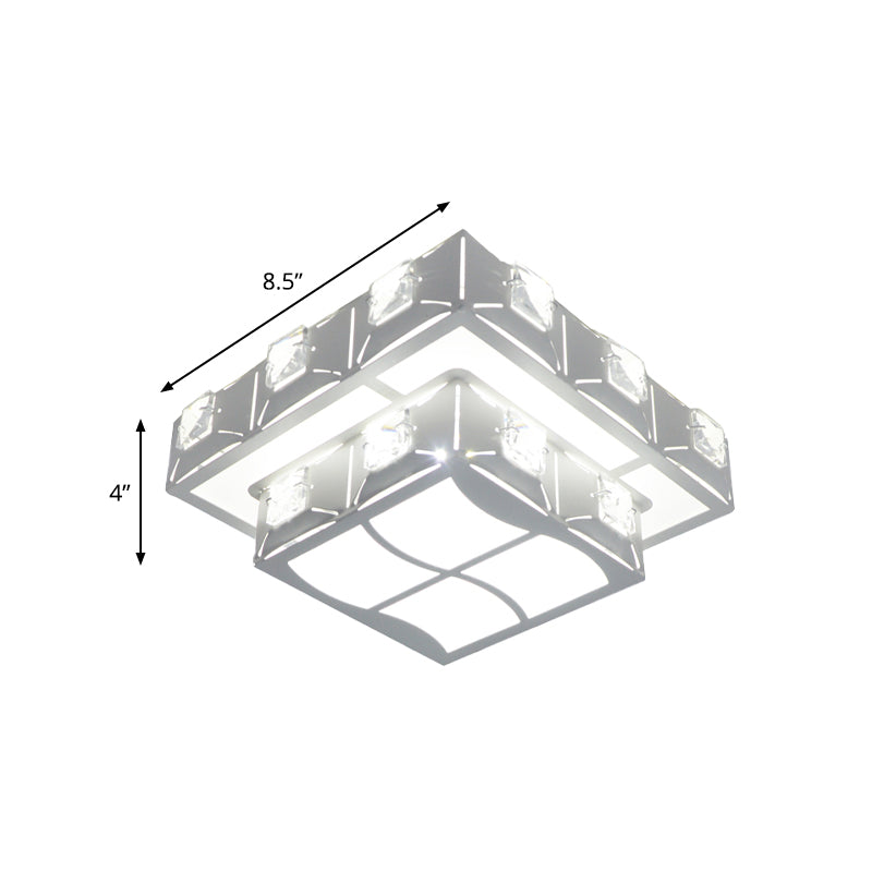 White 2-Tier Square Ceiling Lighting Modern Crystal Embedded Corridor LED Flush-Mount Light Fixture