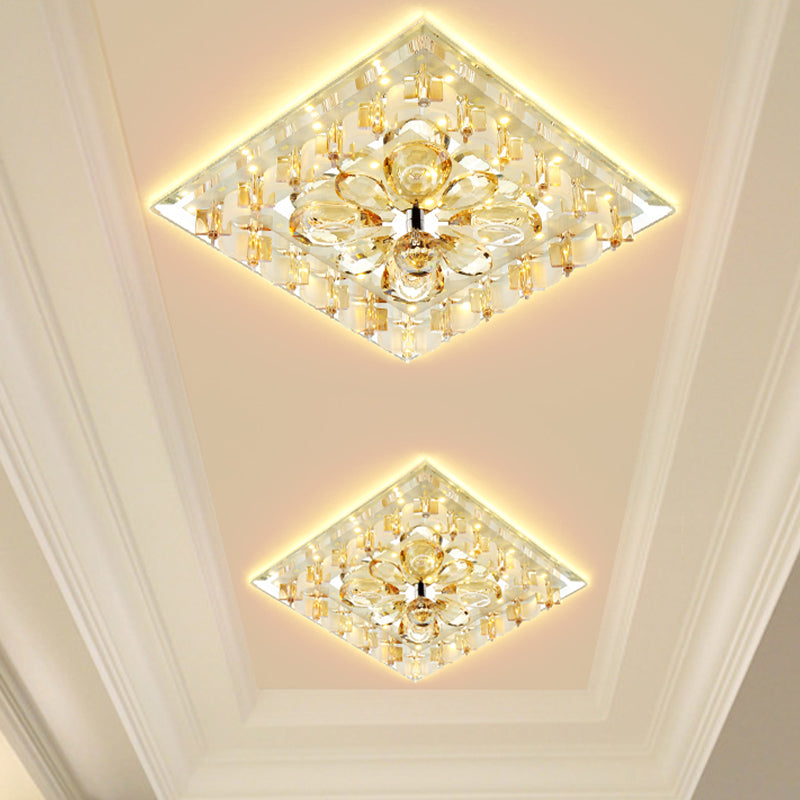 Amber Flower Crystal Square Flush Light Contemporary Hallway LED Close to Ceiling Lighting in Warm/White Light