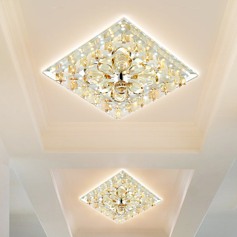 Amber Flower Crystal Square Flush Light Contemporary Hallway LED Close to Ceiling Lighting in Warm/White Light