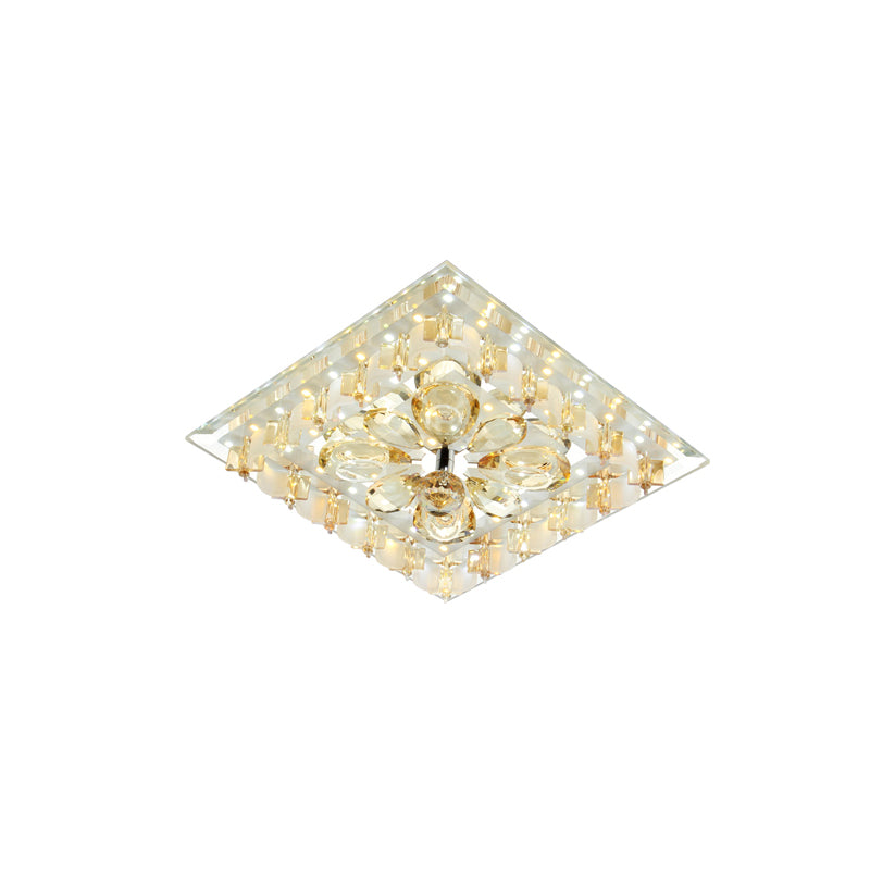 Amber Flower Crystal Square Flush Light Contemporary Hallway LED Close to Ceiling Lighting in Warm/White Light