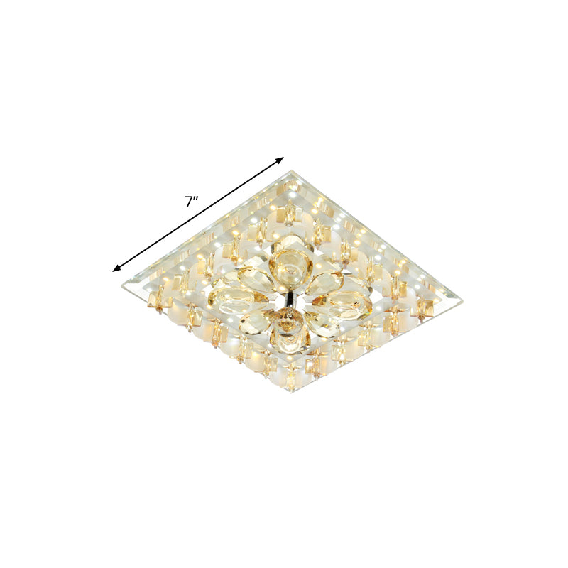 Amber Flower Crystal Square Flush Light Contemporary Hallway LED Close to Ceiling Lighting in Warm/White Light