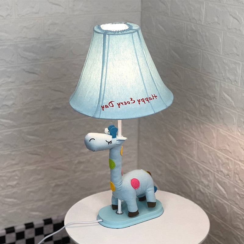 Flared Script-Print Fabric Table Lighting Kids Single-Bulb Yellow/Blue/Pink Night Lamp with Giraffe Base