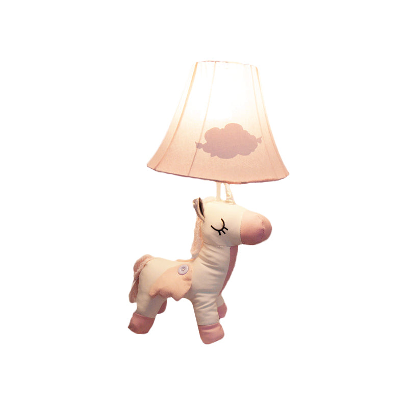 Cartoon Unicorn Cotton Night Light 1-Light Table Lamp with Flared Fabric Shade in Pink