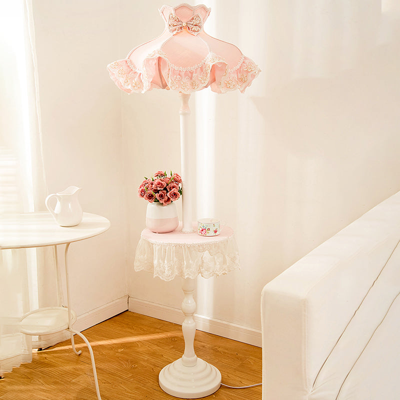 Lace-Trim Dress Fabric Floor Light Nordic 1 Bulb Pink Stand Up Lamp with White Wood Table