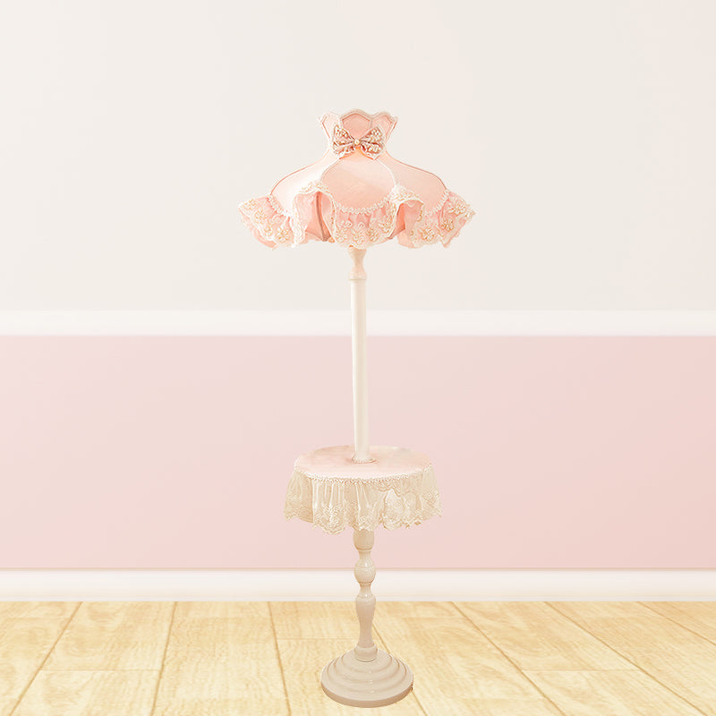 Lace-Trim Dress Fabric Floor Light Nordic 1 Bulb Pink Stand Up Lamp with White Wood Table