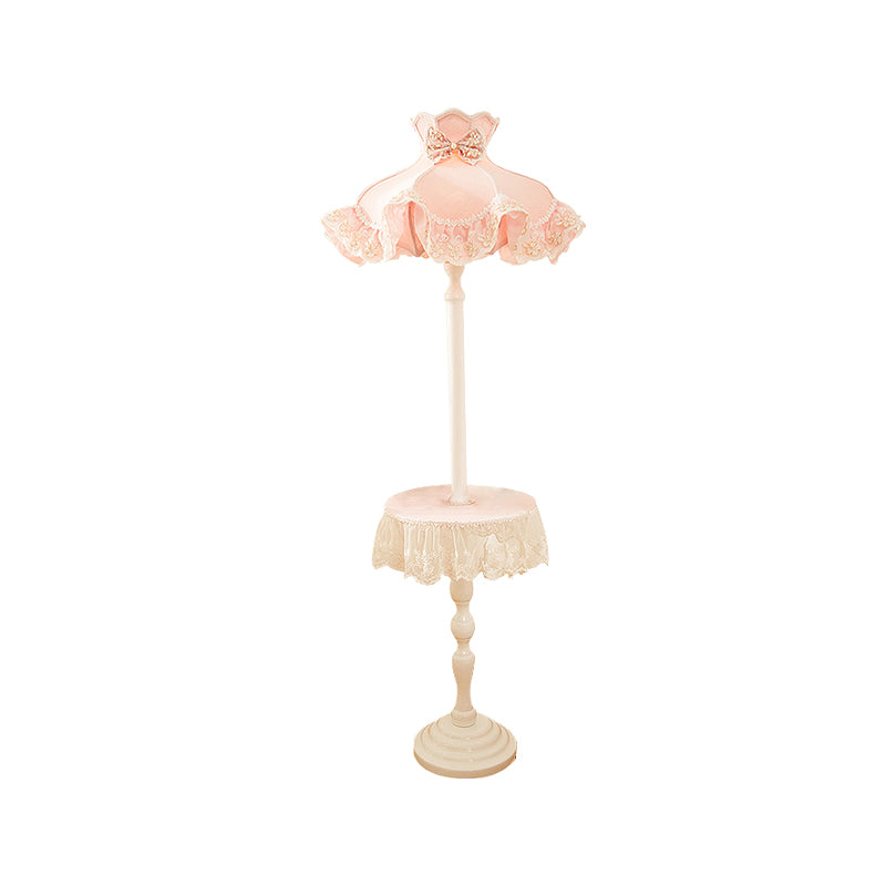 Lace-Trim Dress Fabric Floor Light Nordic 1 Bulb Pink Stand Up Lamp with White Wood Table