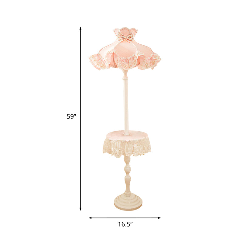 Lace-Trim Dress Fabric Floor Light Nordic 1 Bulb Pink Stand Up Lamp with White Wood Table