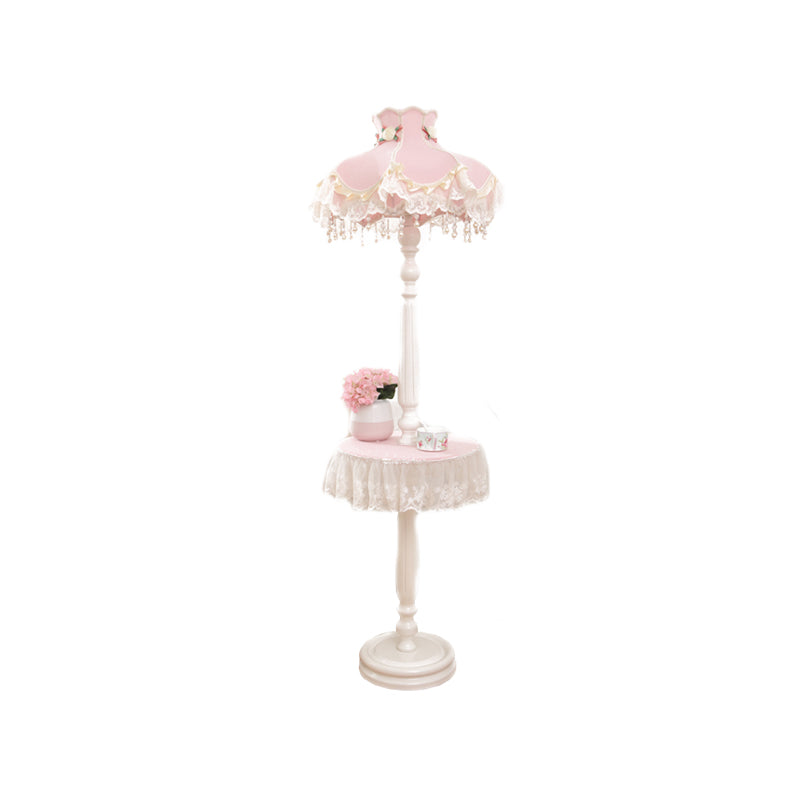 Fringe Dress Girl's Bedroom Floor Lamp Fabric 1-Light Kids Style Standing Light with Table in Pink-White