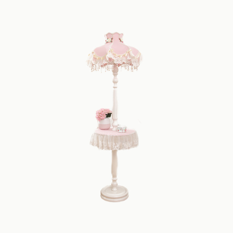 Fringe Dress Girl's Bedroom Floor Lamp Fabric 1-Light Kids Style Standing Light with Table in Pink-White