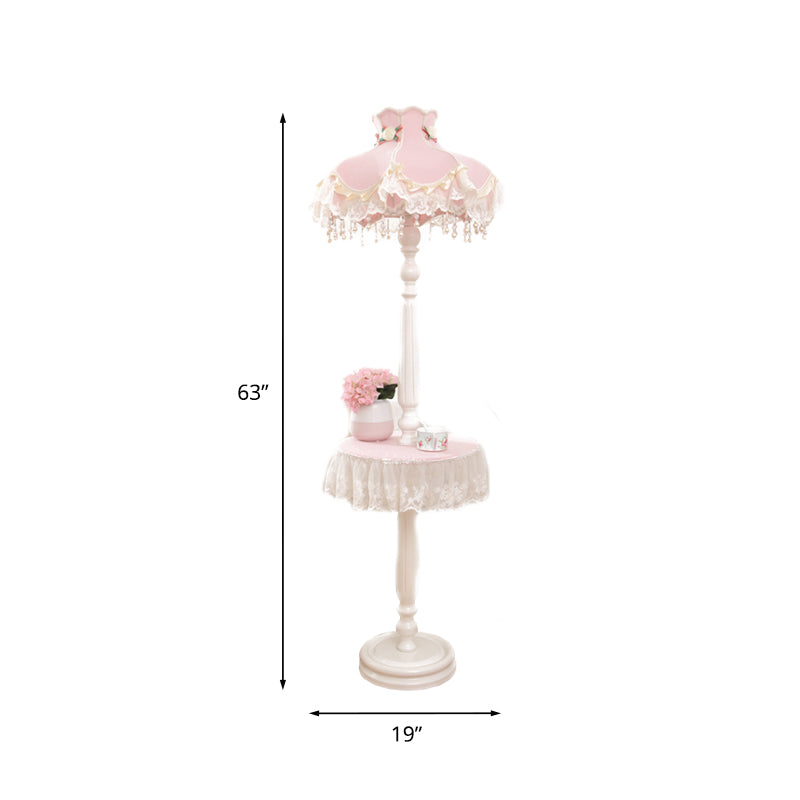 Fringe Dress Girl's Bedroom Floor Lamp Fabric 1-Light Kids Style Standing Light with Table in Pink-White