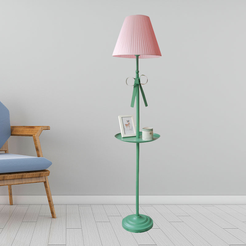 Ribbon Floor Standing Lamp Kids Iron Single Green Floor Light with Beige/Pink Pleated Shade