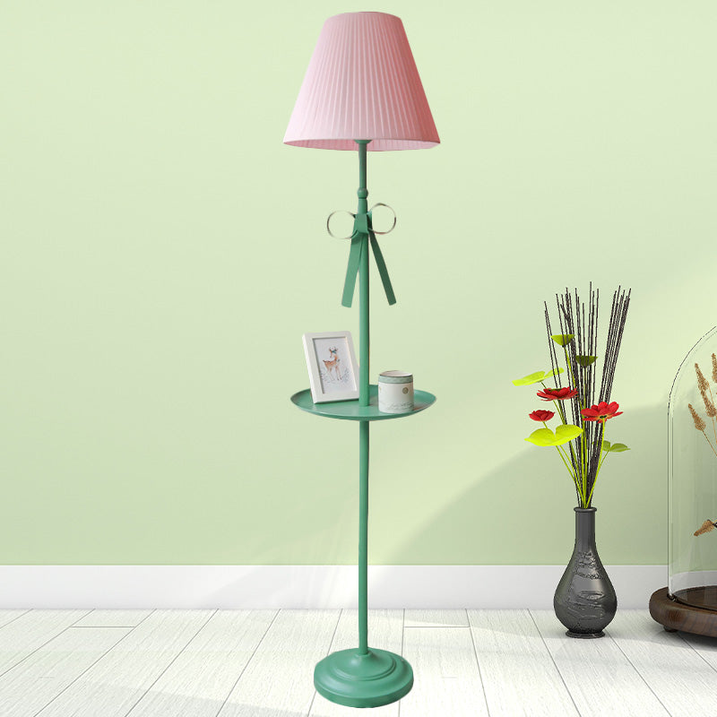 Ribbon Floor Standing Lamp Kids Iron Single Green Floor Light with Beige/Pink Pleated Shade