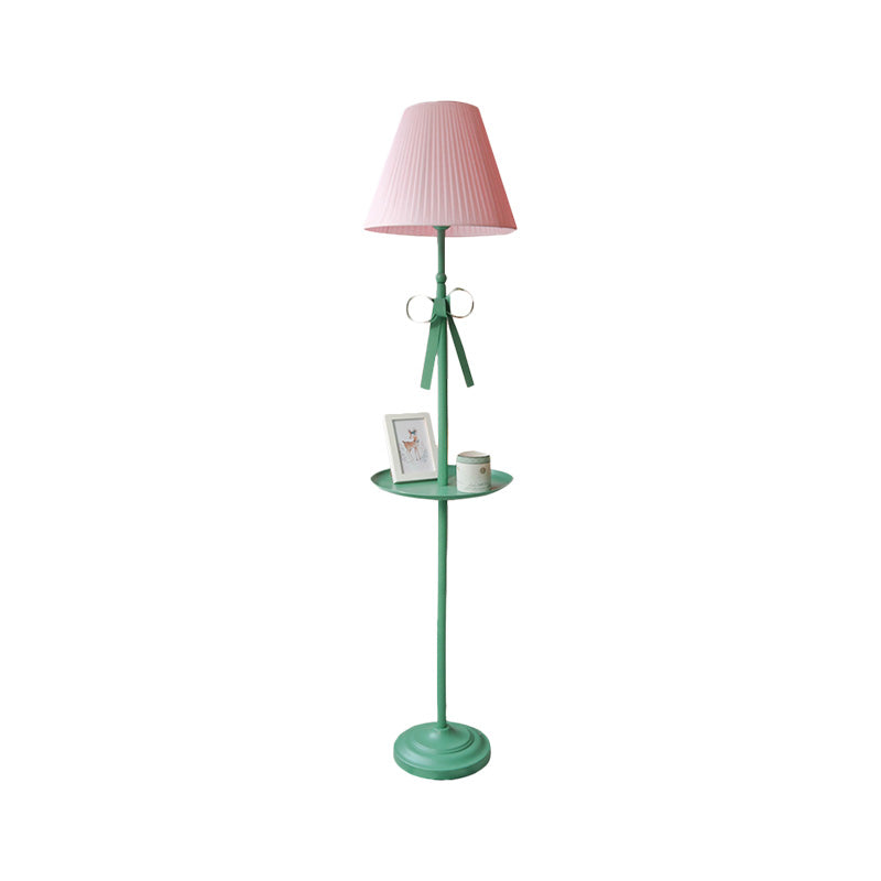 Ribbon Floor Standing Lamp Kids Iron Single Green Floor Light with Beige/Pink Pleated Shade