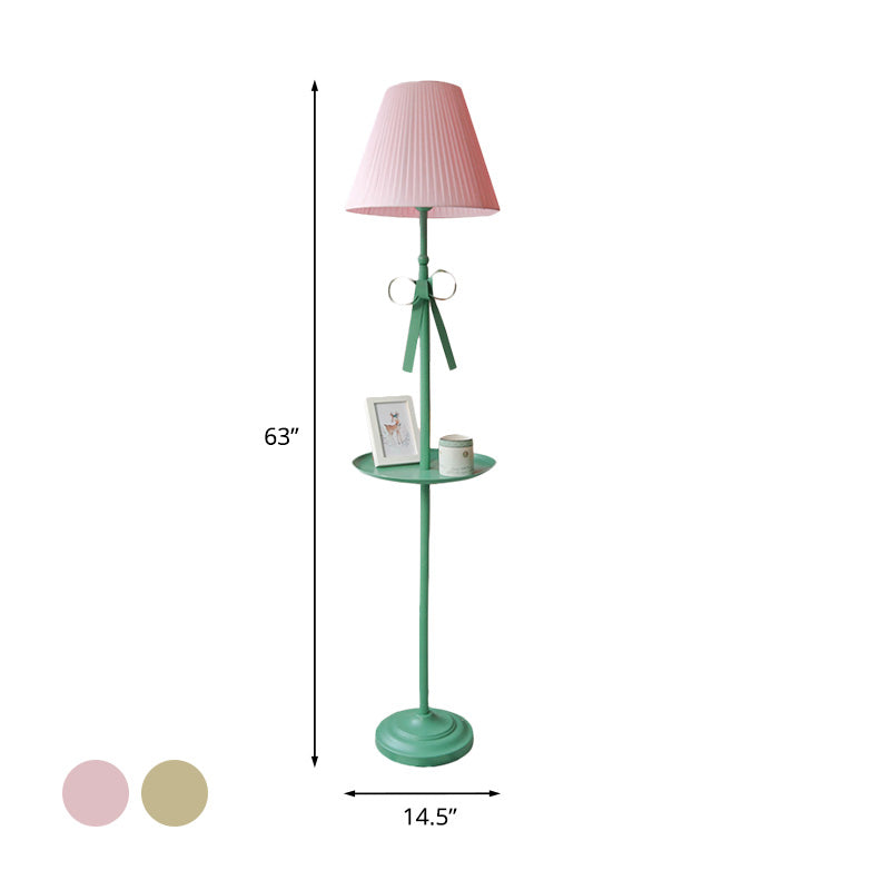 Ribbon Floor Standing Lamp Kids Iron Single Green Floor Light with Beige/Pink Pleated Shade