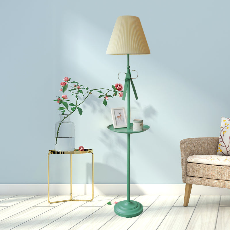 Ribbon Floor Standing Lamp Kids Iron Single Green Floor Light with Beige/Pink Pleated Shade