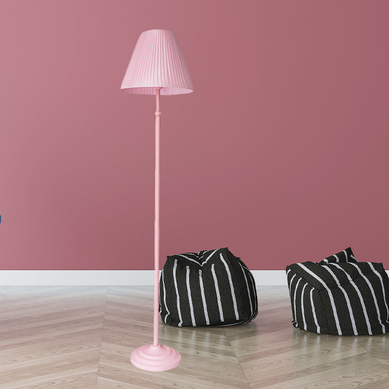 Macaron Straight Rod Iron Floor Light 1-Light Standing Floor Lamp in Pink/Green with Pink/Yellow Pleated Shade