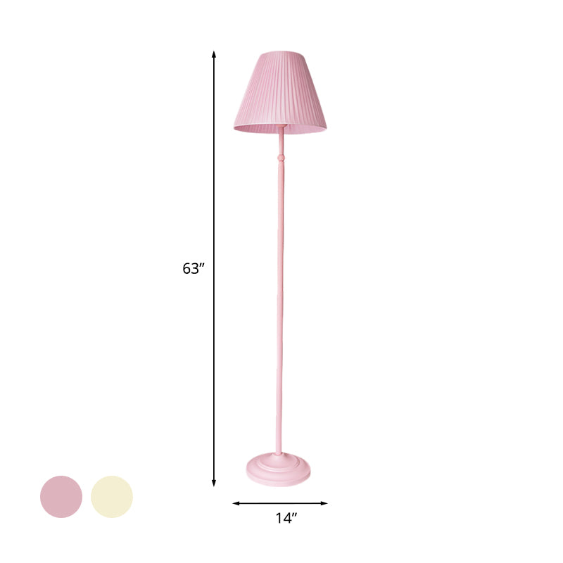 Macaron Straight Rod Iron Floor Light 1-Light Standing Floor Lamp in Pink/Green with Pink/Yellow Pleated Shade