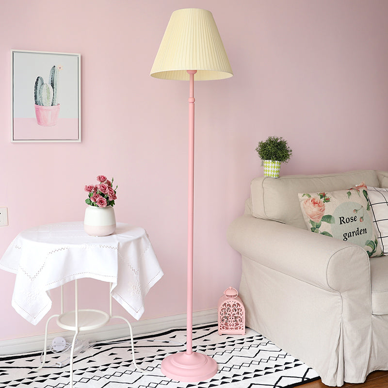 Macaron Straight Fer Floor Light 1-Light Standing Plancher lampadaire en rose / vert avec une teinte plissée rose / jaune