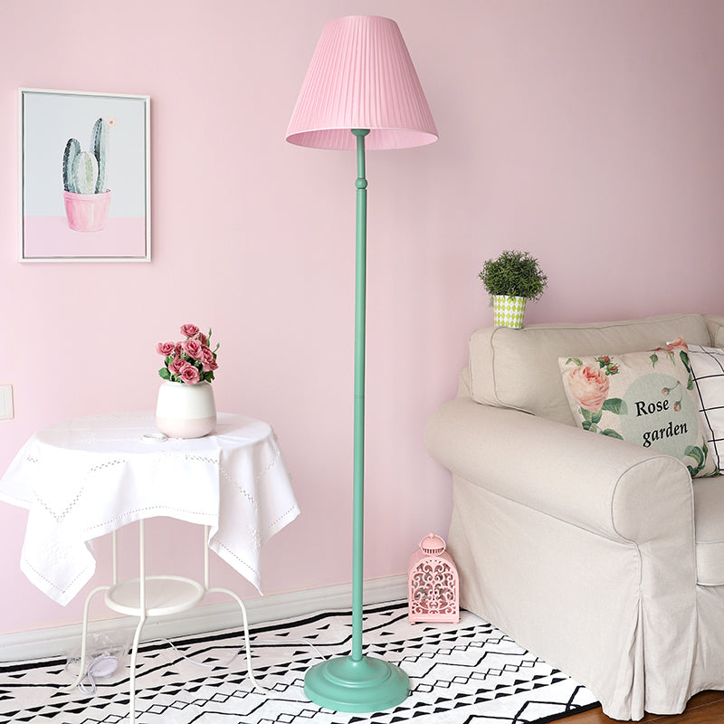 Macaron Straight Rod Iron Floor Light 1-Light Standing Floor Lamp in Pink/Green with Pink/Yellow Pleated Shade