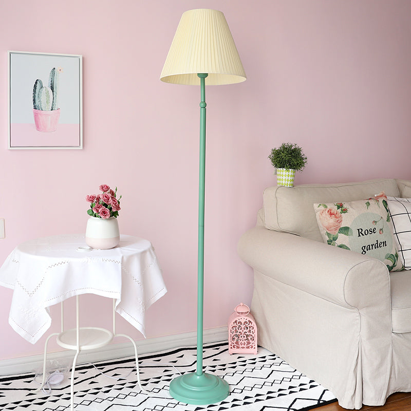 Macaron Straight Rod Iron Floor Light 1-Light Standing Floor Lamp in Pink/Green with Pink/Yellow Pleated Shade