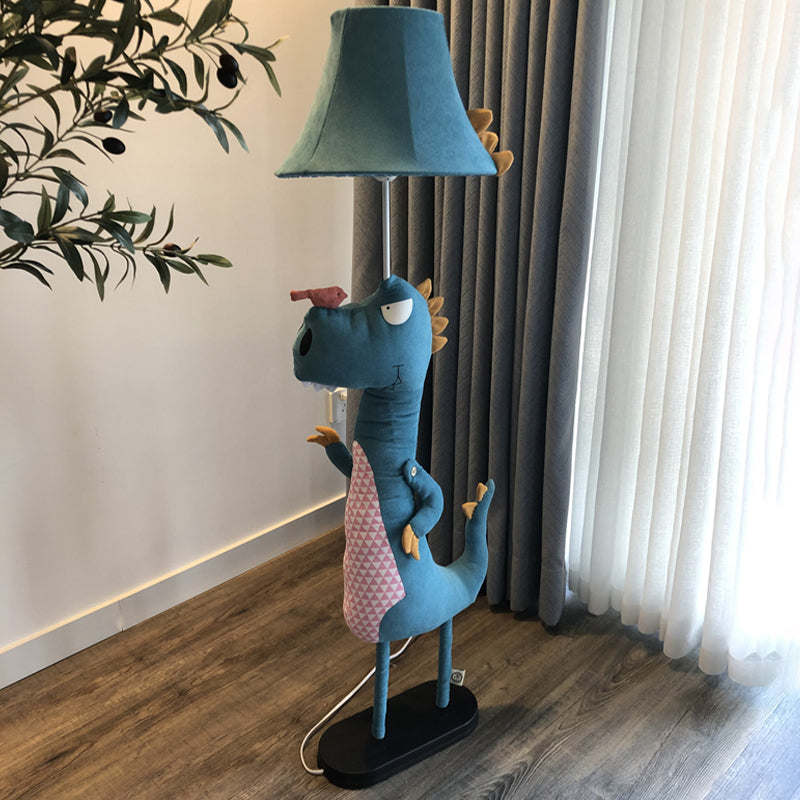 Blue Soft Dinosaur Floor Lamp Cartoon 1 Bulb Fabric Stand Up Lamp with Flared Shade