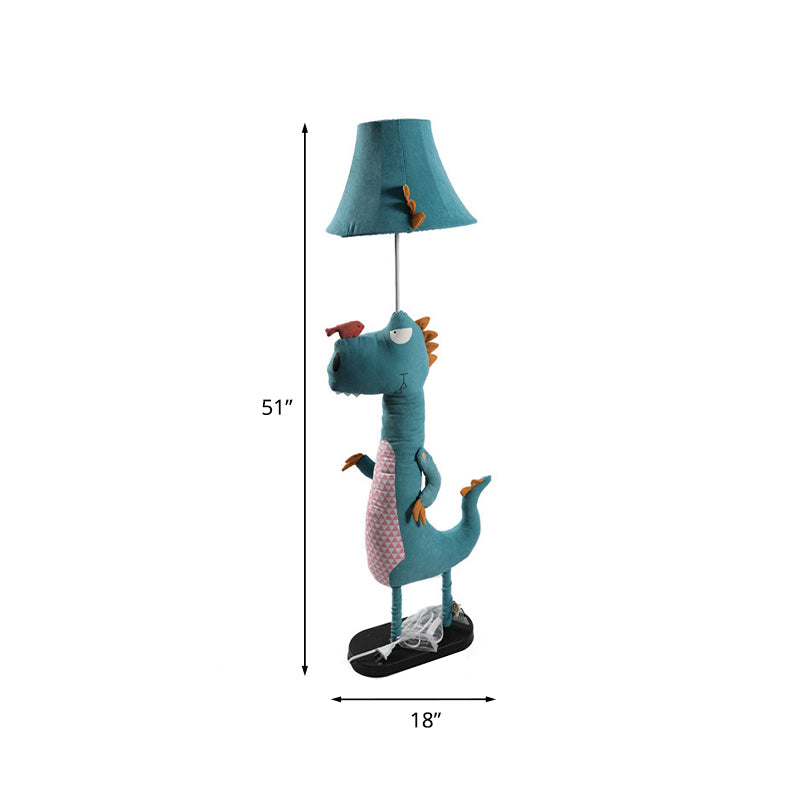 Blauwe zachte dinosaurus vloerlamp cartoon 1 lampstof Stand -uplamp met wijd uitlopende schaduw